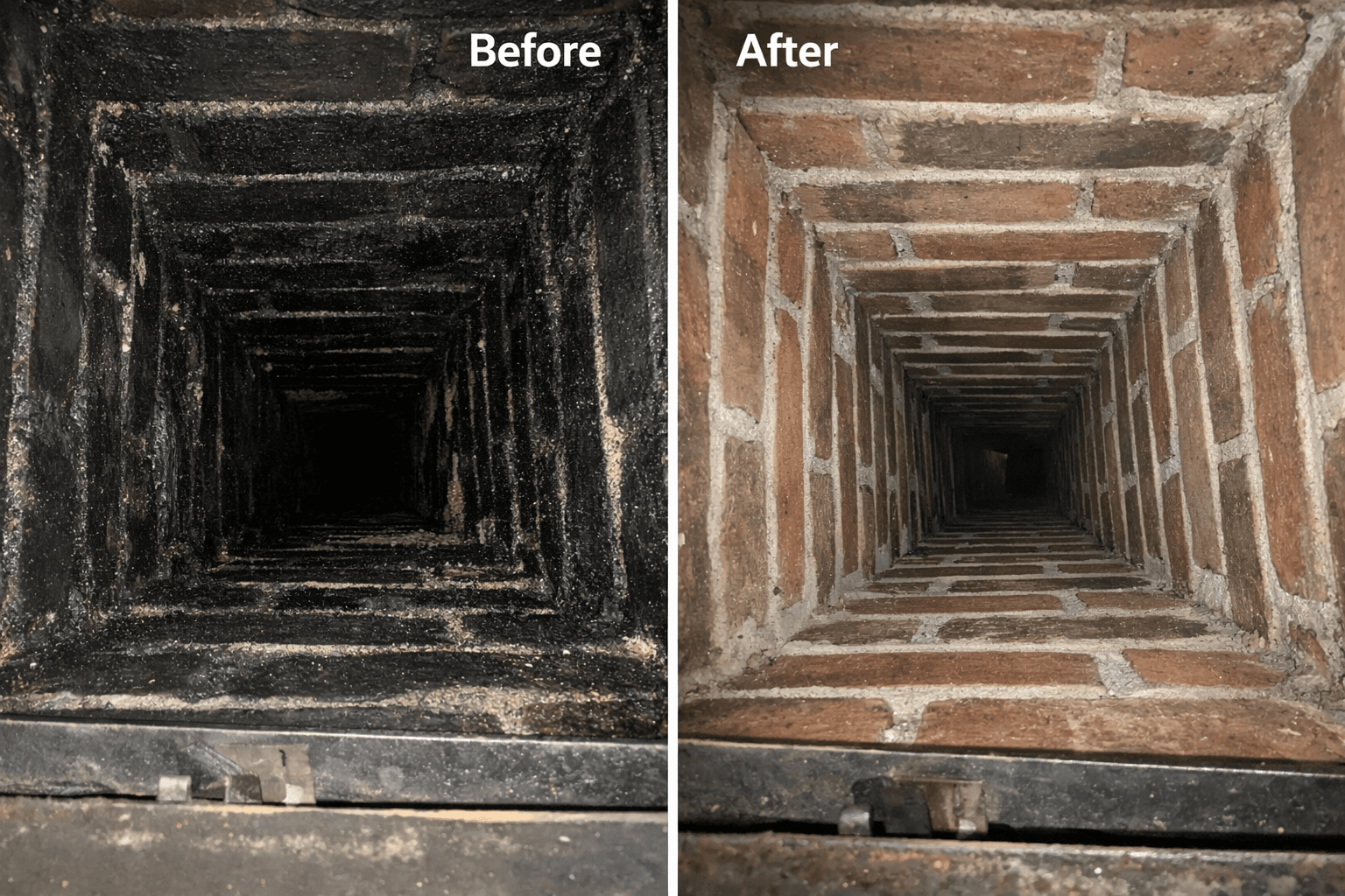 Before and after chimney cleaning showing brick flue