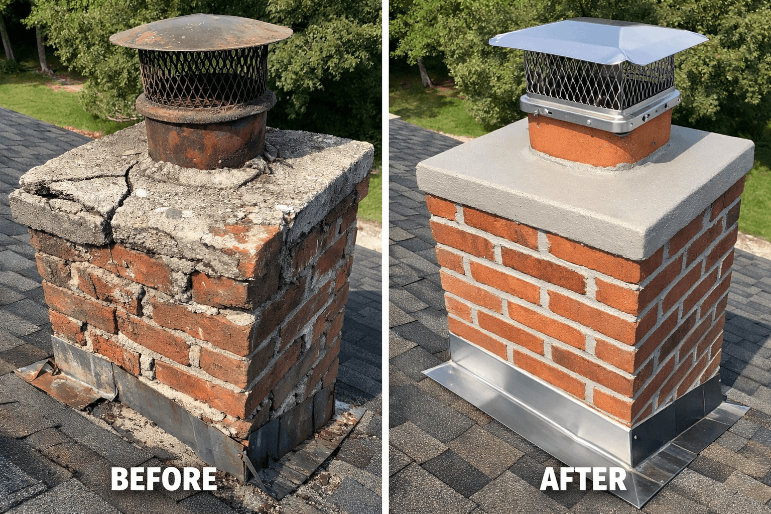 Before and after chimney repair on residential roof