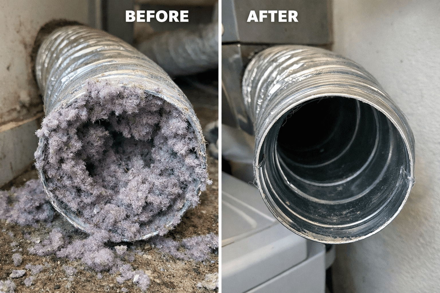Before and after dryer vent cleaning in residential home
