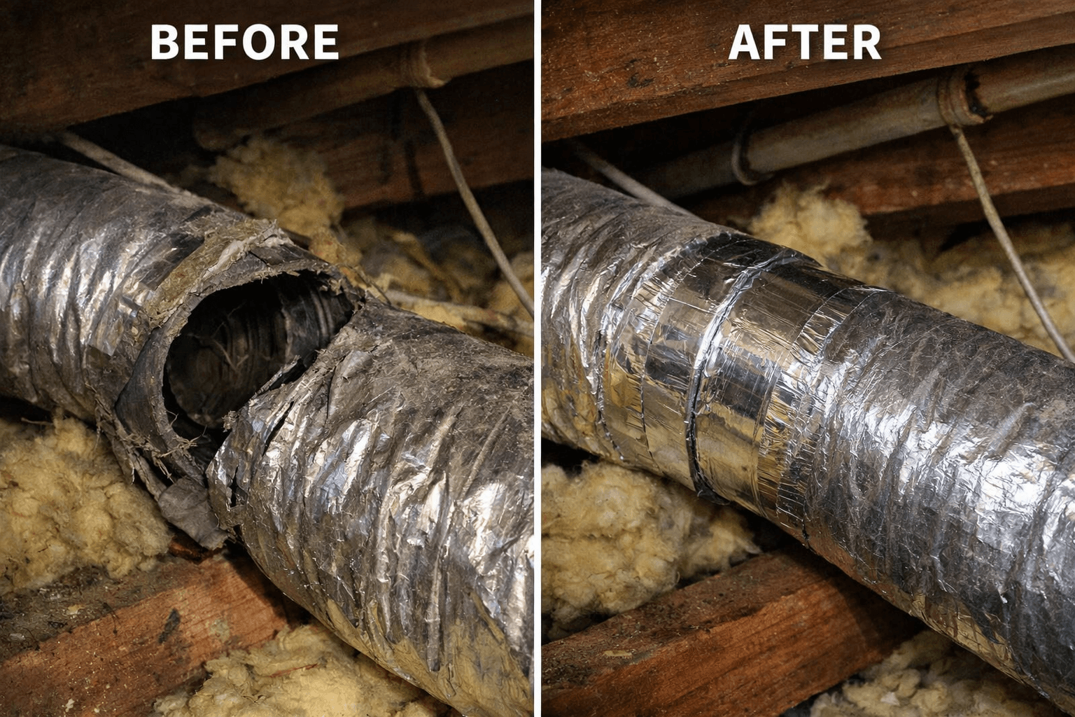 Before and after duct repair in residential attic